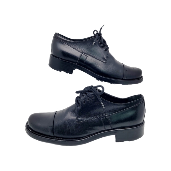 Prada Black Leather Oxfords Lace Up Shoes Size 7 US 37.5 EU - Picture 1 of 8